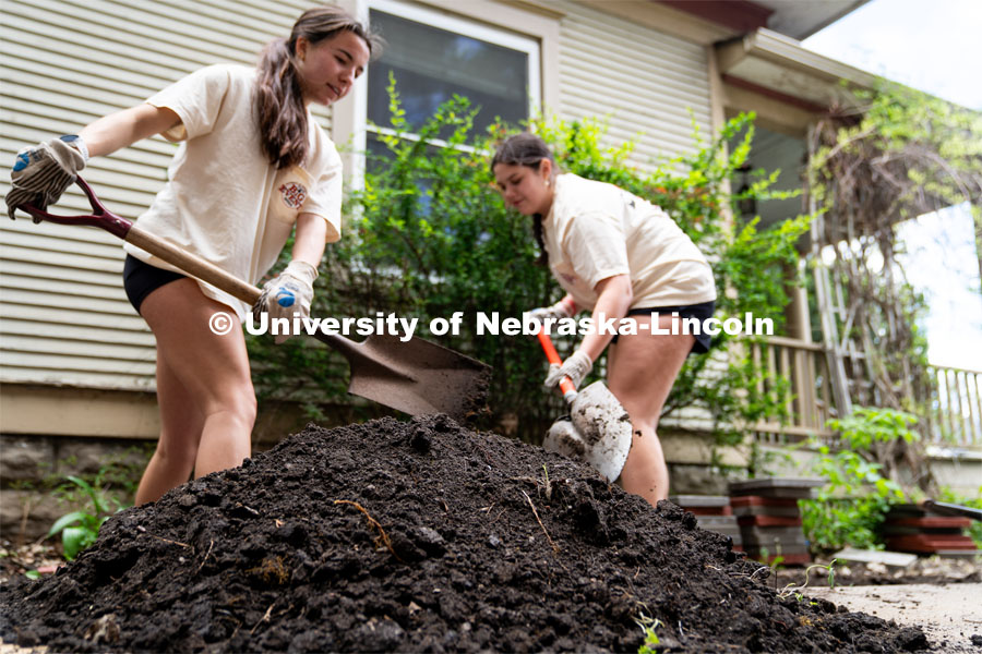 Alpha Omicron Pi’s, Lila Schwarz and Mia Personelli dug out at patch of dirt to lay brick for a homeowner during the Big Event. May 4, 2024. Photo by Kirk Rangel for University Communication.